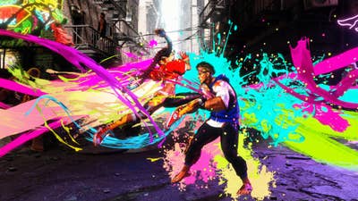 A screenshot of Street Fighter 6 with Kimberly attacking Luke, spreading colorful effects in all directions