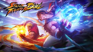 Artwork for mobile game Street Fighter Duel showing Ryu and Ken about to fire a fireball at one another.