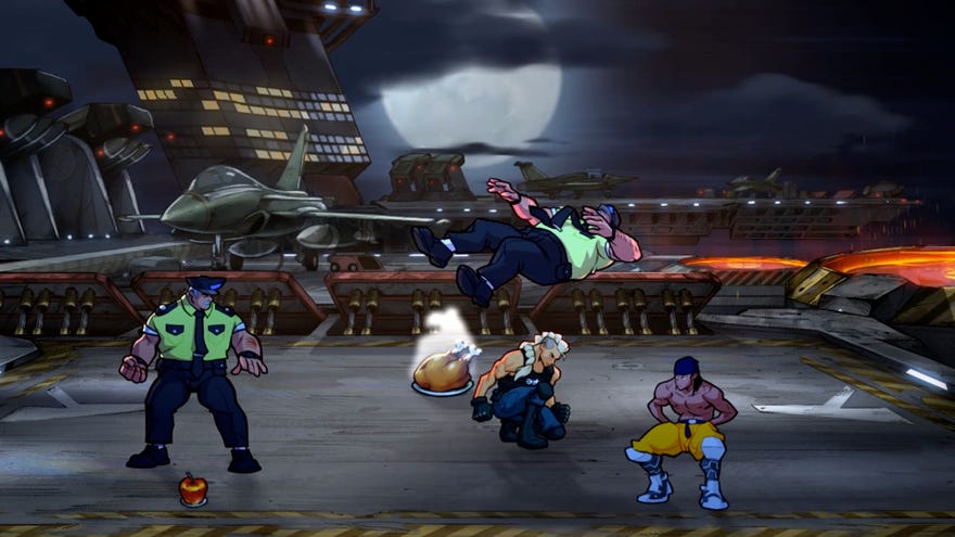 A screenshot of Streets Of Rage 4's Mr. X Nightmare DLC depicting a new playable character crouching next to a cooked chicken on a military base.