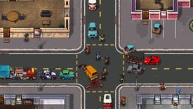 An intersection in Streets Of Rogue 2 where several cars have crashed and a shootout is taking place