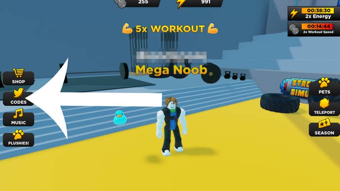 Image showing Roblox hit game Strongman Simulator and an arrow pointing at the Codes button.