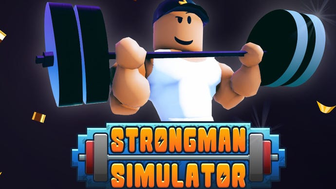 Image showing a Roblox character lifting weights and the logo for the Strongman Simulator game.
