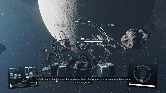 The player's ship approaching an orbital shipyard in Starfield.
