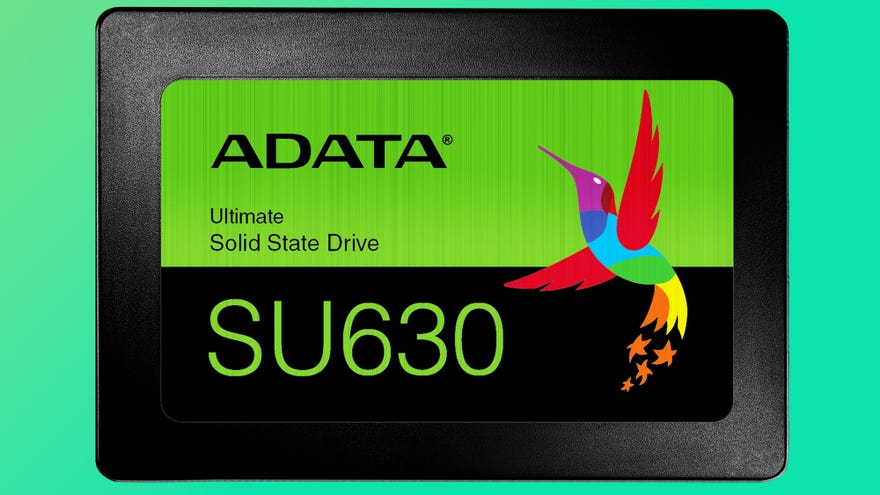 an adata su630 sata ssd, with a colourful bird motif and the words 'ultimate solid state drive'.