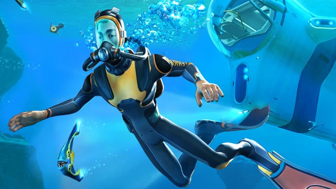 Promotional art for Subnautica showing a diver underwater surrounded by strange alien fish.