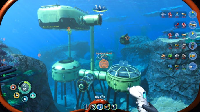 A screenshot of Subnautica: Below Zero showing its various biomes, flora and fauna.