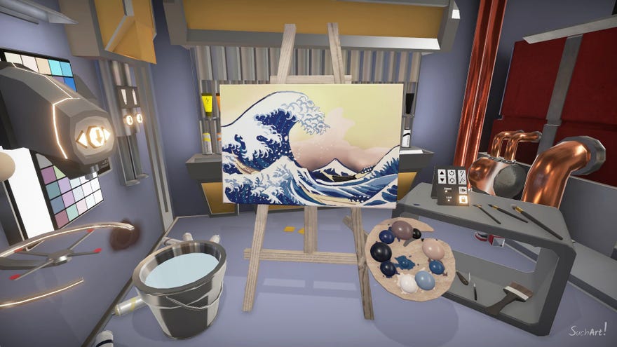 A painting of Hokusai's The Wave on a space ship in SuchArt.
