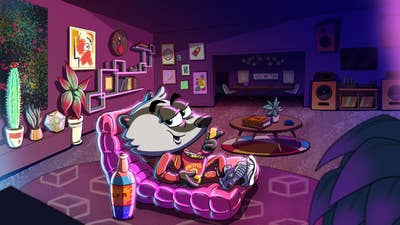 Sugartown promotional art with the game's badger mascot Mayor Mel lounging in a spacious room decorated with the trappings of wealth. He wears sneakers and a sweatsuit, and eats chips