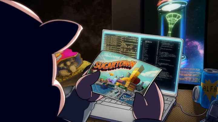 A pig is seen from the back in a dark room lit by a laptop screen with programming windows open on it. the pig holds a postcard in his hands that says 