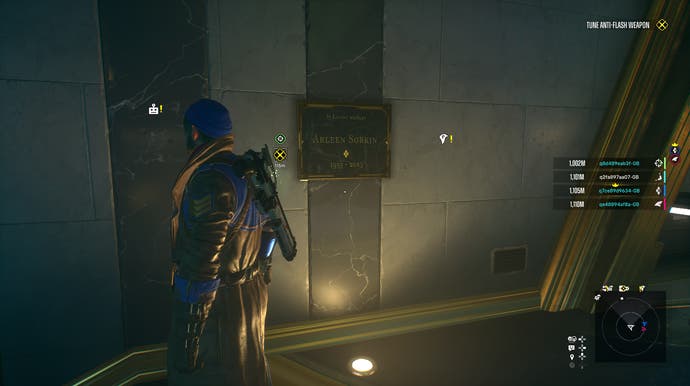 Suicide Squad screenshot showing Boomerang and the Arleen Sorkin plaque