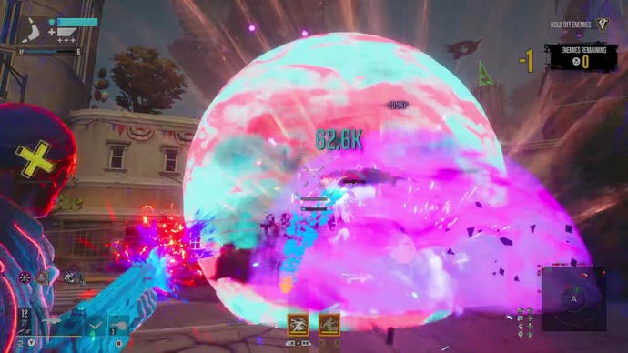 Suicide Squad: Kill the Justice League screenshot showing combat with a tank as it explodes in massive pink ball of light after being countered