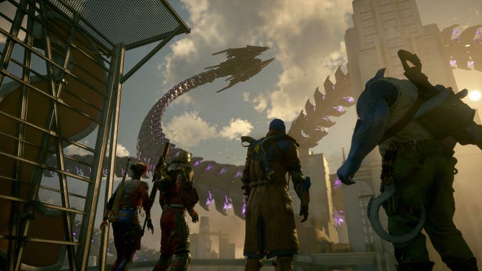 The four Suicide Squad members look at a huge tentacle in the distance