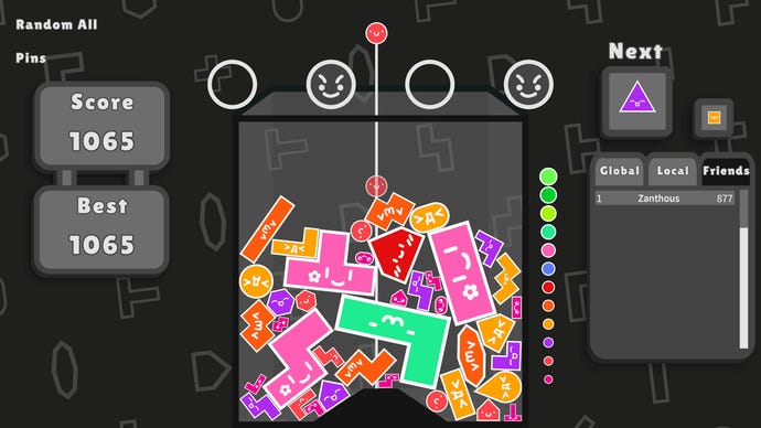 A player drops shapes into a frame in Suika Shapes