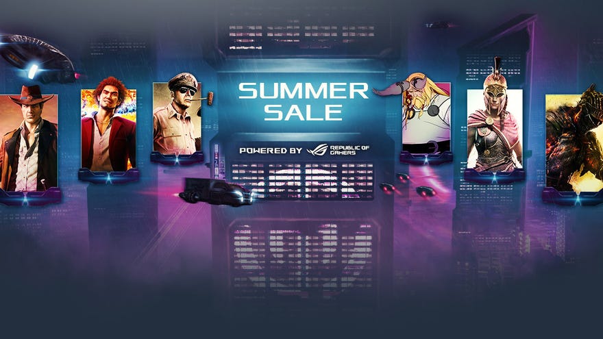 a graphic showing a number of characters included in games in the gamesplanet summer sale, including dark souls guy, kassandra from assassin's creed odyssey, the company of heroes guy and the yakuza like a dragon protagonist