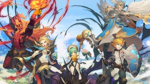 Anime artwork for free to play mobile game Summoners War Chronicles showing different characters striking an action pose while wielding weapons or firing magic.
