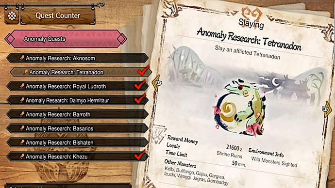 A list of afflicted monster research quests