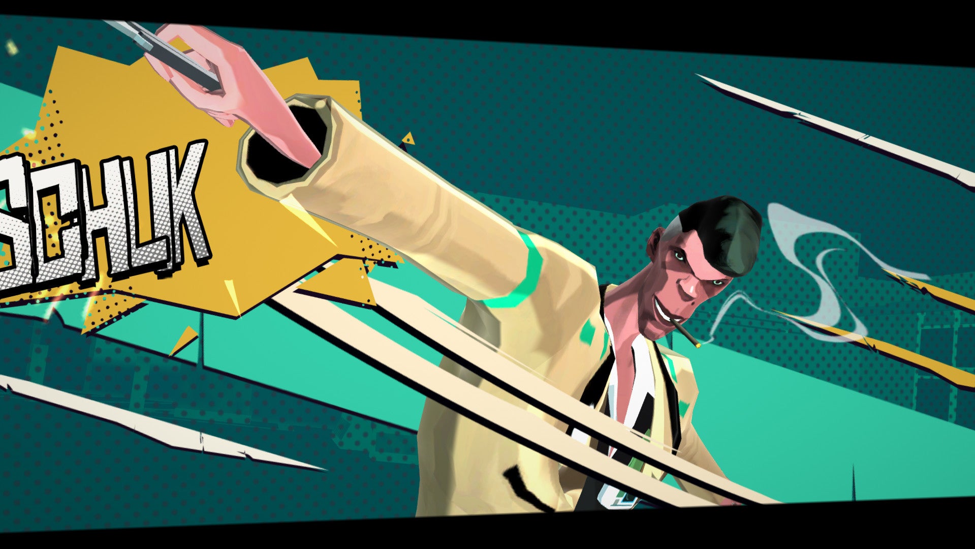 The character Frank in Sunday Gold attacks someone with a knife; it generates a comic action-bubble saying SCHLIK