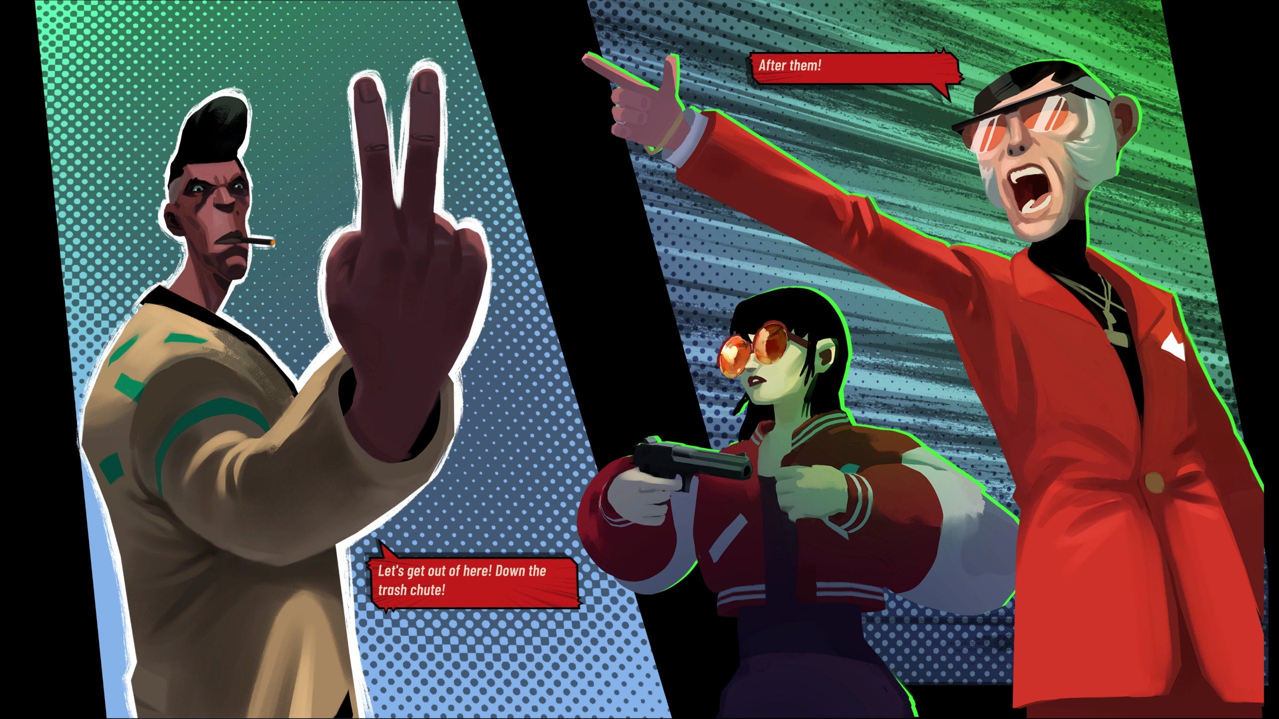 A man flips the bird to a man in a red suit in Sunday Gold