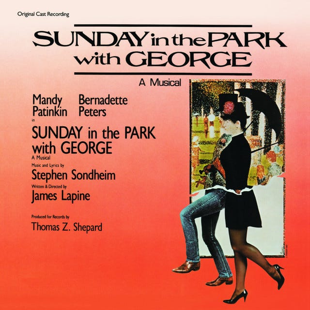 Album cover taht reads Sudnay in the Park with George featuring an image from George Seurat's Grand Jatte painting with the legs featuring modern clothing