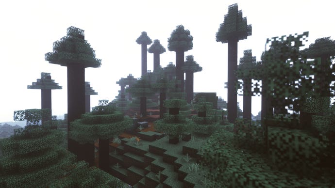A forest landscape in Minecraft with many tall trees.