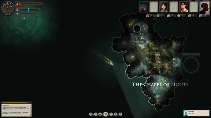 A ship nears an island labelled The Chapel of Lights in a screenshot from Sunless Sea.