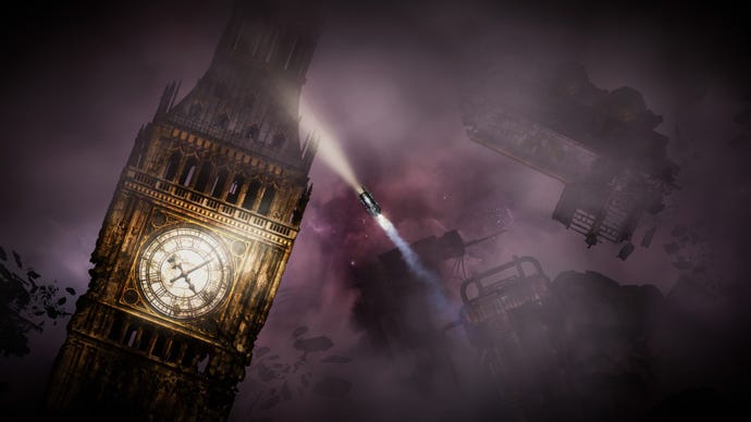 A Sunless Skies ship floats around a sunless sky, also, Big Ben is there.