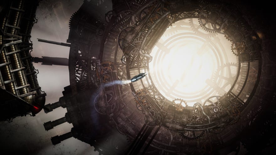 Sunless Skies - A small ship flies in front of a bright, glowing clockwork construction in space.