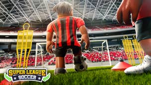 Artwork for Roblox game Super League Soccer showing a character on a football pitch.