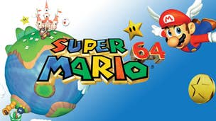 A globe with Princess Peach's castle at the top of it, Mario flying in the air with his wing cap, the logo for Super Mario 64 in the foreground.