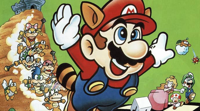 Poster art for Super Mario Bros. 3, featuring Tanooki Mario and the rest of the cast of the game behind him.
