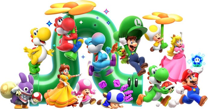 Obsada Super Mario Bros. Wonder, w tym Mario, Luigi, księżniczki, ropuchy, Yoshis i Nabbit.W tle znajduje się rura krąży, a Yoshi i ropucha trzymają duże kwiaty.Mario trzyma w górę cudownego kwiatu, a Luigi ma ogromną czapkę, którą może wykorzystać jako spadochron