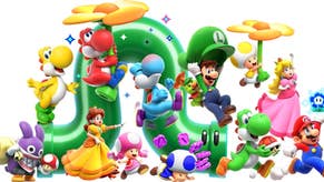 The cast of Super Mario Bros. Wonder, including Mario, Luigi, Princesses, Toads, Yoshis and Nabbit. There is a curvey pipe in the background and a Yoshi and a Toad hold large flowers. Mario holds aloft a Wonder Flower, and Luigi has a huge cap that he can use as a parachute.