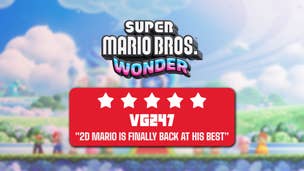 Super Mario Bros. Wonder logo, a 5-star rating from VG247,  and the quote "2D Mario is finally back at his best".