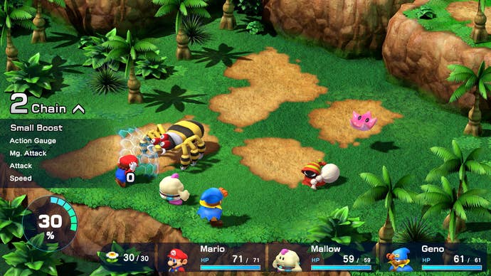 Pantalla de Super Mario RPG: el grupo en batalla en un bioma selvático, todo verdes intensos y tierras marrones vibrantes.