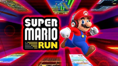 Mario wearing headphones runs through the promotional artwork for Super Mario Run