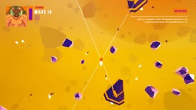 A tiny space ship flies through a yellow and purple space scene in Super Space Club