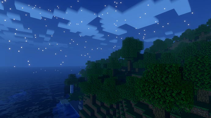 A night sky over a coastal forest in Minecraft.