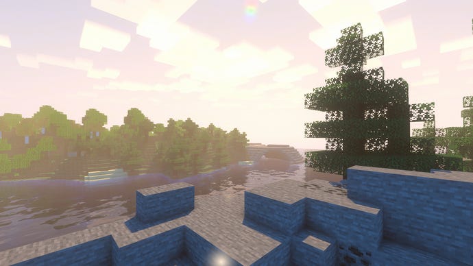 Een Rocky Minecraft -landschap met een rivier op de achtergrond