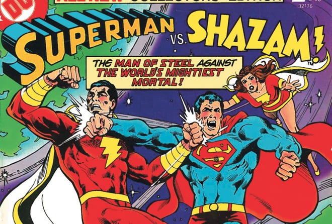Cropped cover of Superman and Shazam fighting