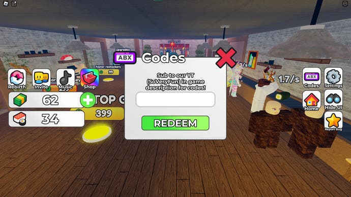 A screenshot from Make Sushi and Prove Dad Wrong in Roblox showing the game's codes menu.