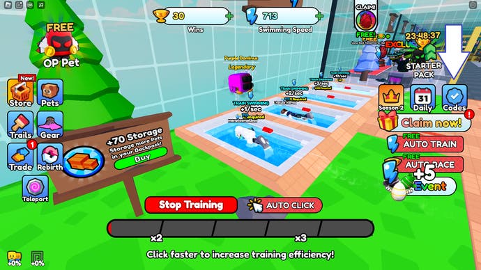 A screenshot from Swimming Race Simulator in Roblox showing the game's codes button.