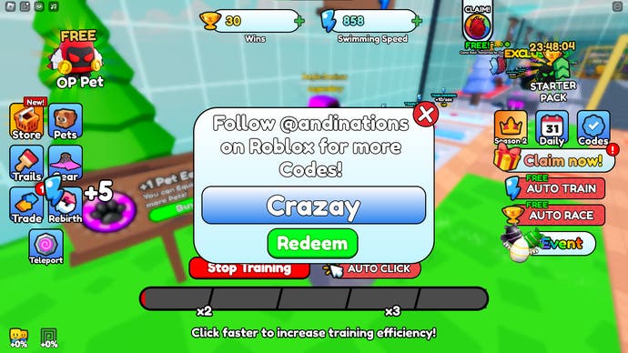 A screenshot from Swimming Race Simulator in Roblox showing the game's codes menu.