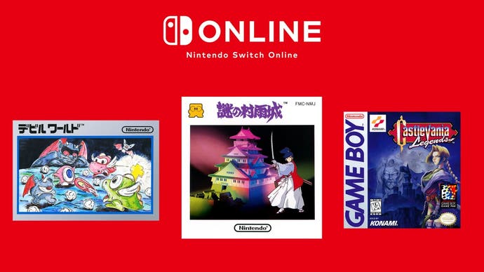 The box art for Devil World, The Mysterious Murasame Castle, and Castlevania Legends on a red background. The Nintendo Switch Online logo sits above them in white