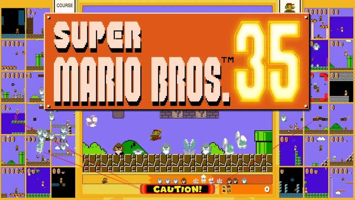 Super Mario Bros. 35 screen showing the game's format of a main screen showing a player in a Mario level, surrounded by 34 smaller screens showing other players' progress, with the logo in front of it