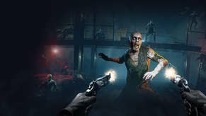 First-person view of someone dual-wielding pistols shooting at a ghoulish zombie. More enemies look on as they approach the camera