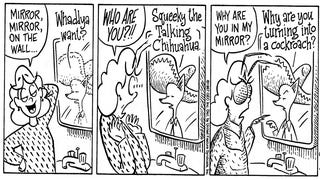 Cropped comics strip in black and white featuring a woman looking in a mirror