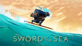 A warrior surfs down dunes on a hoverboard in the key artwork for Sword Of The Sea