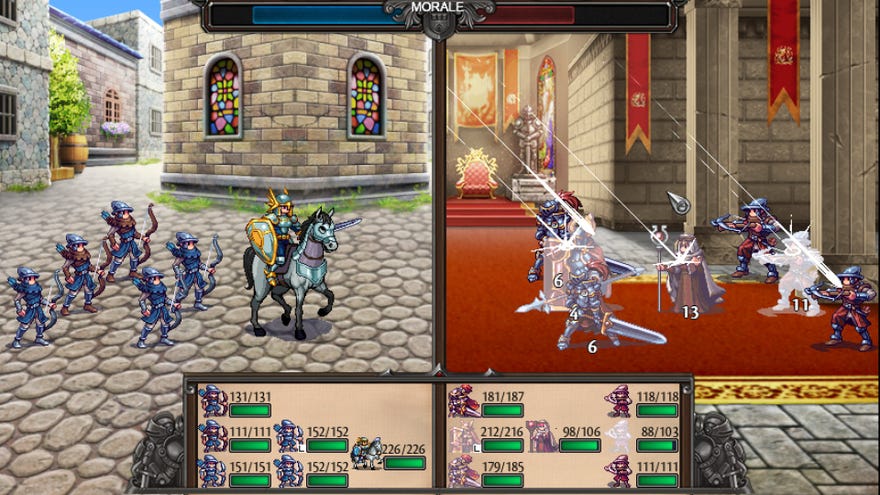 A split screen in Symphony Of War with a group of archers led by a knight on horseback, and a squad of enemy soldiers in a throne room