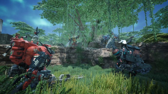 Multiple bipedal mechs battle in a grassy area in Synduality