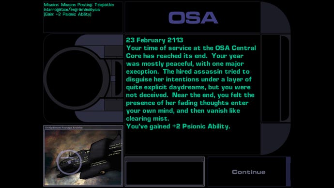 A little story accompanying a character creation decision in a System Shock 2 screenshot.